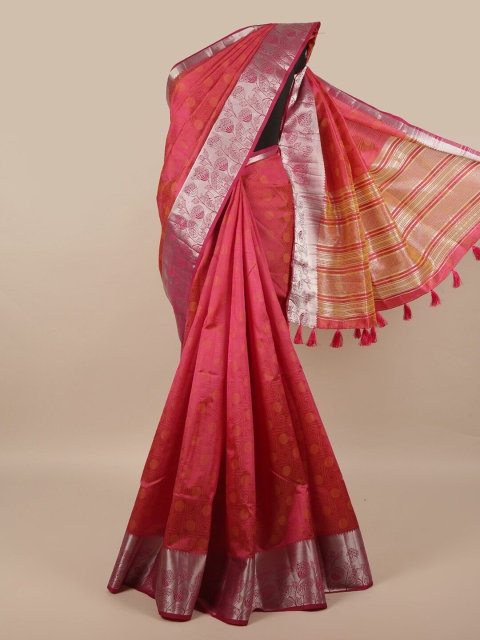 

Pothys Pink & Silver-Toned Floral Zari Jute Silk Saree