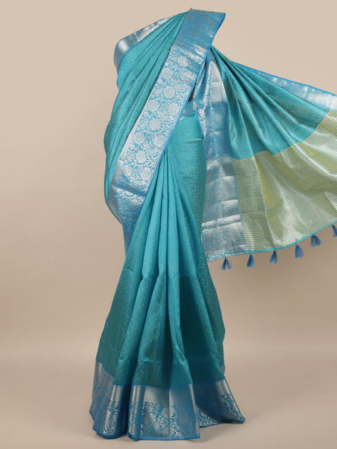 

Pothys Blue & Silver-Toned Floral Zari Jute Silk Saree