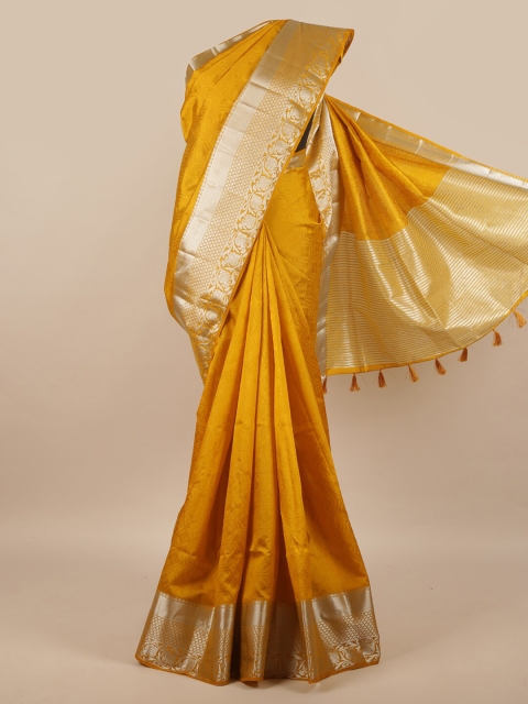 

Pothys Mustard & Silver-Toned Woven Design Schiffli Jute Silk Saree