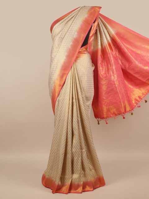 

Pothys Cream-Coloured & Pink Zari Jute Silk Saree