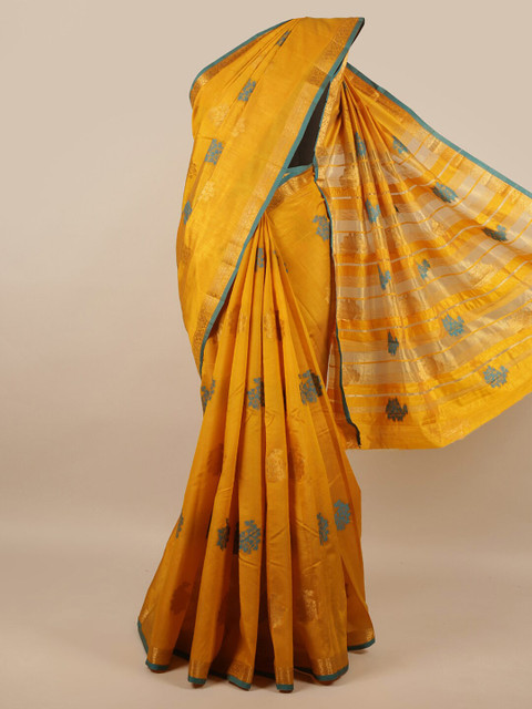 

Pothys Mustard & Blue Ethnic Motifs Zari Jute Silk Saree