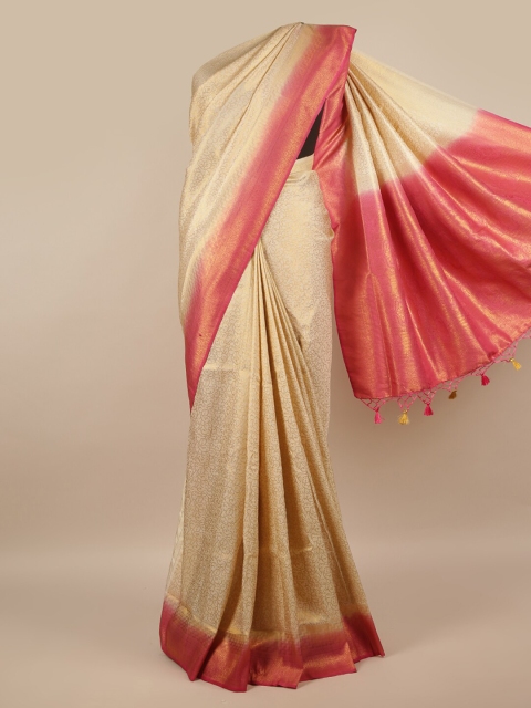 

Pothys Cream-Coloured & Pink Floral Zari Jute Silk Saree