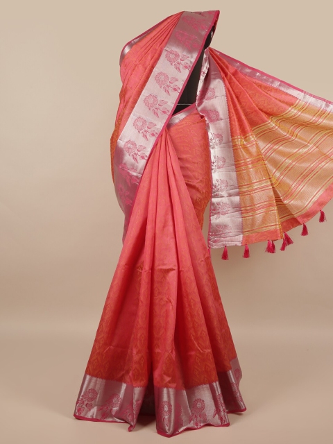 

Pothys Pink & Silver-Toned Floral Jute Silk Saree