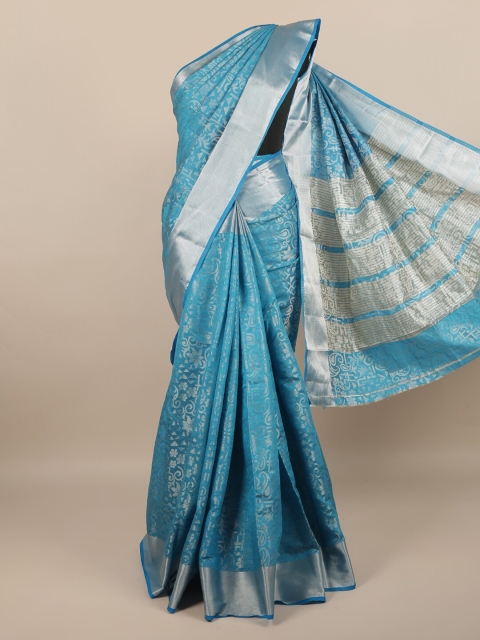 

Pothys Blue & Silver-Toned Floral Zari Jute Silk Saree