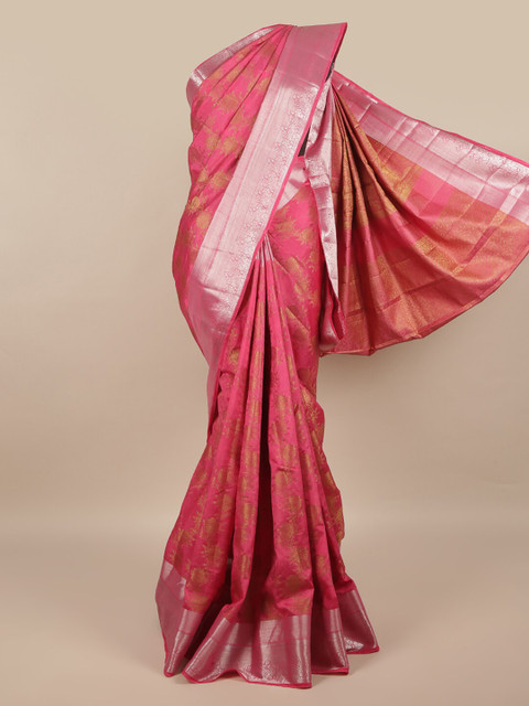 

Pothys Pink & Silver-Toned Floral Zari Jute Silk Saree