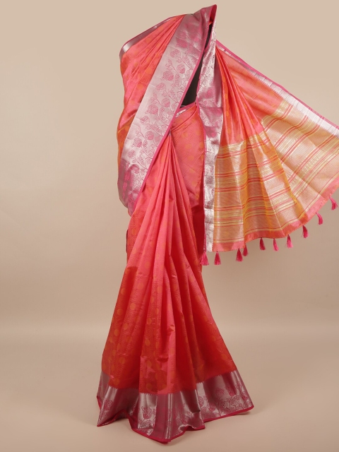 

Pothys Pink & Silver-Toned Woven Design Zari Jute Silk Saree