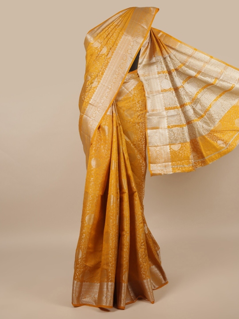 

Pothys Mustard & Silver-Toned Ethnic Motifs Zari Jute Silk Saree