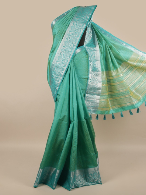 

Pothys Green & Silver-Toned Woven Design Jute Silk Saree