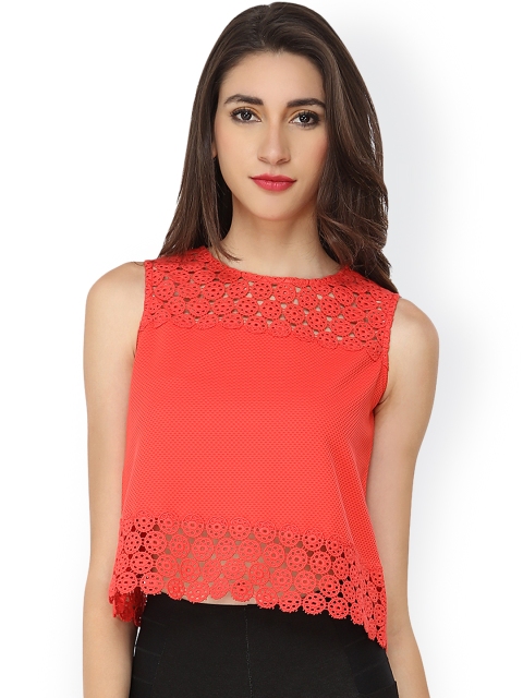 

Soie Women Peach-Coloured Lace Crop Top