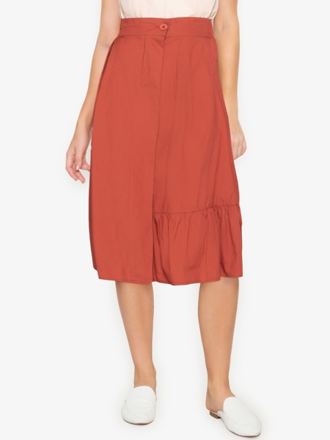 

Zalora Women Orange Solid Assymetric Pleated Midi Skirt