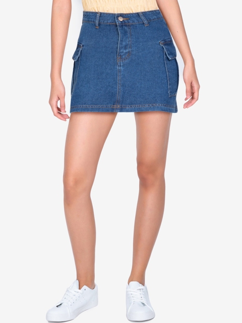 

ZALORA BASICS Women Blue Solid A-Line Pure Cotton Denim Mini Skirt