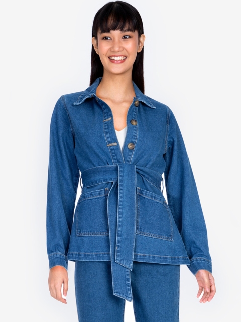 

ZALORA BASICS Women Blue Longline Shacket with Self-Tie Belt