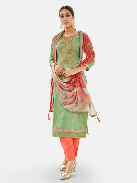 

Kvsfab Women Green & Orange Ethnic Motifs Embroidered Unstitched Dress Material