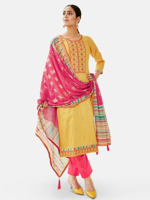

Kvsfab Yellow & Pink Embroidered Unstitched Dress Material