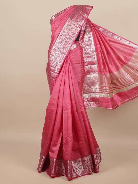 

Pothys Pink & Silver-Toned Woven Design Jute Silk Saree