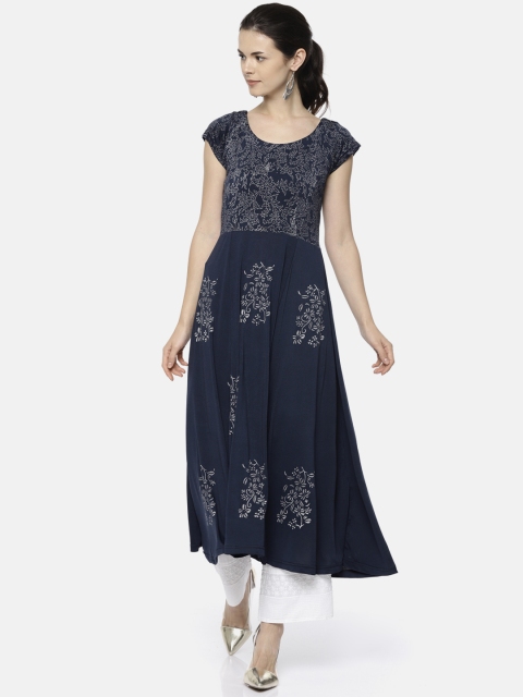 

Ira Soleil Women Navy Printed Anarkali Kurta, Navy blue