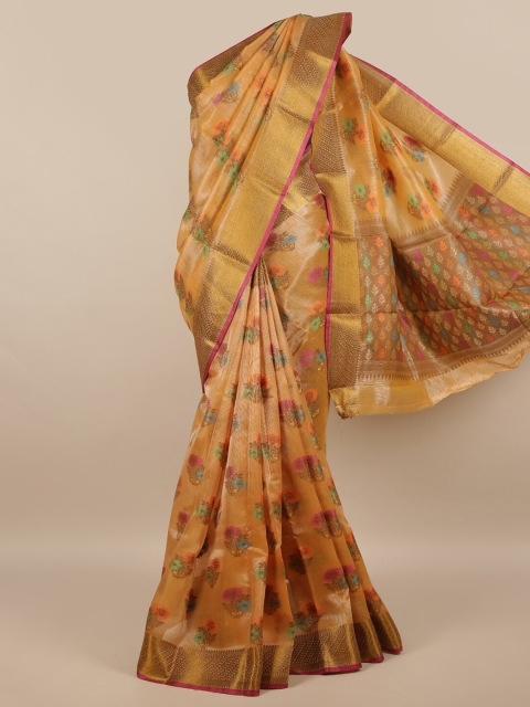 

Pothys Peach-Coloured & Blue Floral Zari Saree