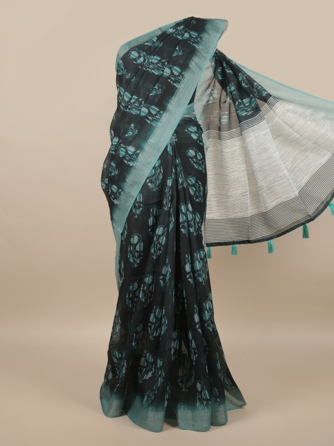 

Pothys Black & Turquoise Blue Floral Printed Zari Saree