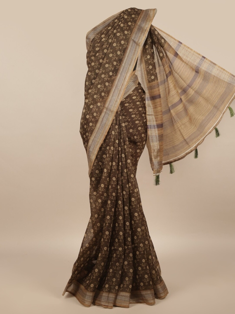 

Pothys Brown & Beige Floral Zari Linen Blend Saree