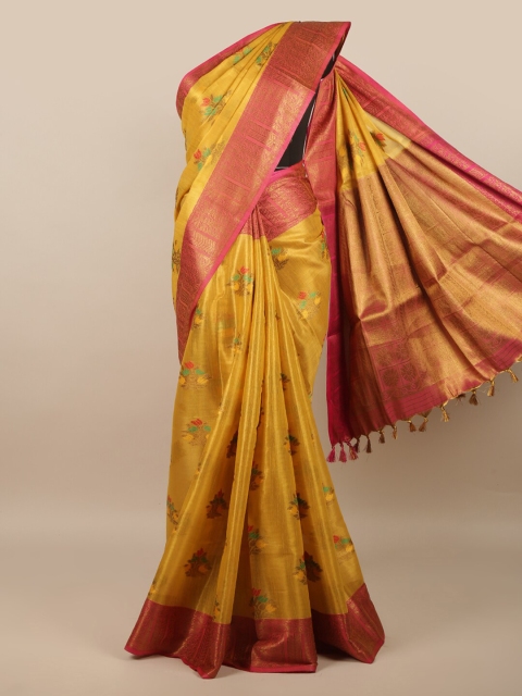 

Pothys Mustard Yellow & Pink Ethnic Motifs Woven Design Zari Saree