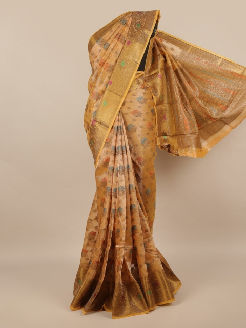 

Pothys Peach-Coloured & Gold-Toned Floral Zari Saree