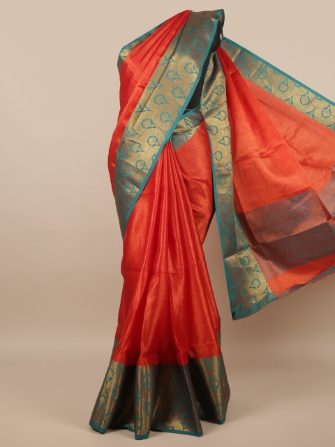 

Pothys Rust & Turquoise Blue Paisley Woven Design Zari Saree