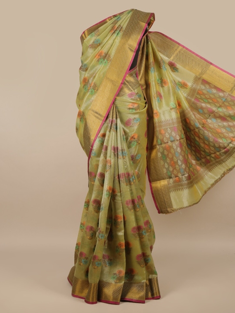 

Pothys Olive Green & Gold-Toned Floral Woven Design Zari Bordser Saree