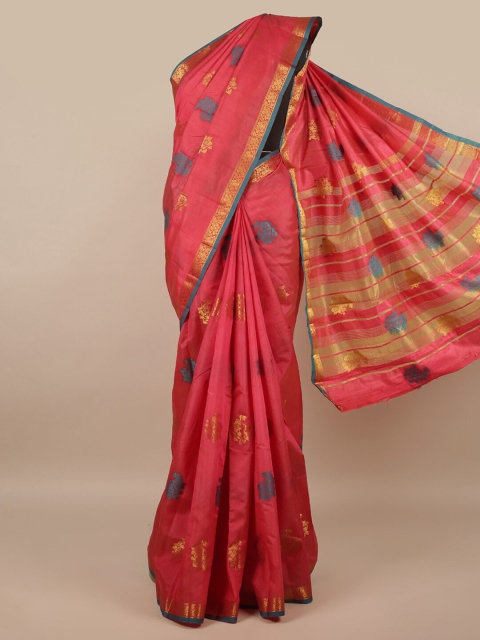 

Pothys Pink & Blue Floral Zari Jute Silk Saree