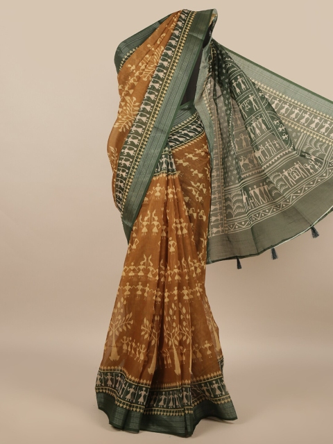 

Pothys Brown & Green Warli Linen Blend Saree