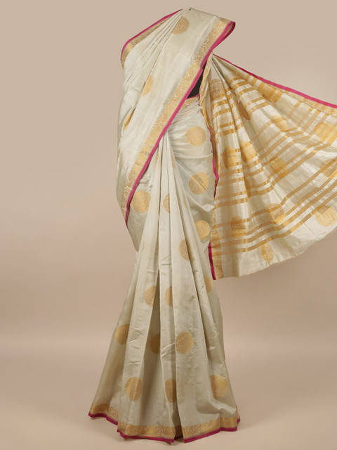 

Pothys Cream-Coloured & Gold-Toned Woven Design Jute Silk Saree