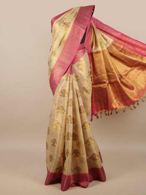 

Pothys Cream-Coloured & Pink Floral Zari Saree