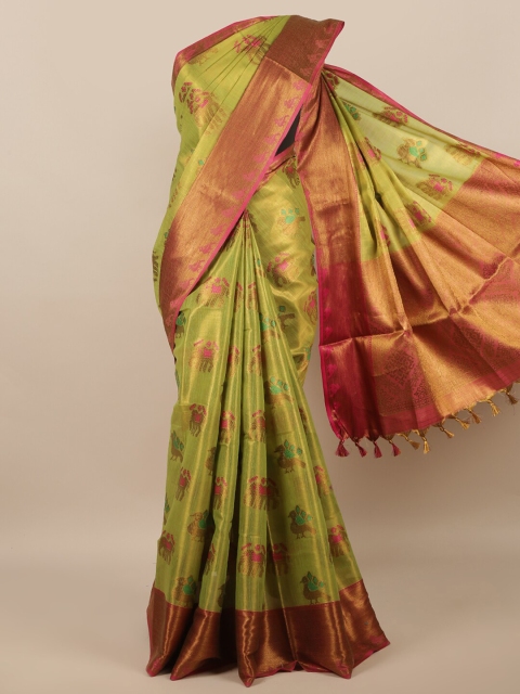 

Pothys Green & Gold-Toned Floral Woven Design Zari Border Saree