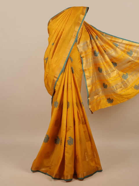

Pothys Mustard & Teal Floral Zari Jute Silk Saree