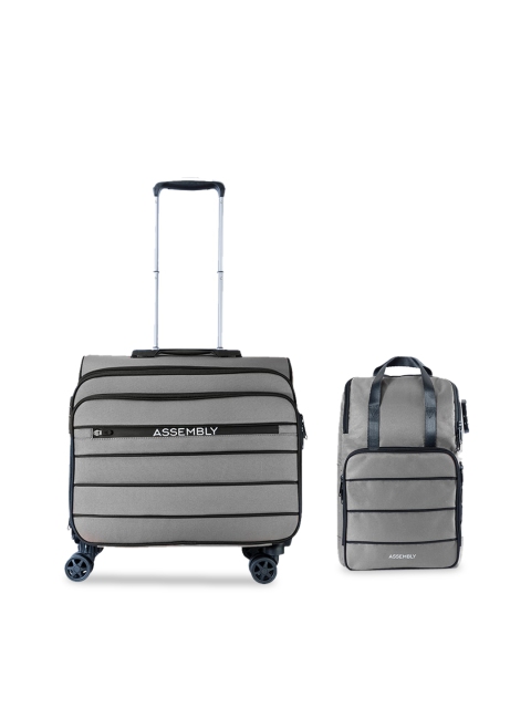 

THE ASSEMBLY Set Of 2 Grey Striped Overnighter Luggage With Laptop Messenger Bag