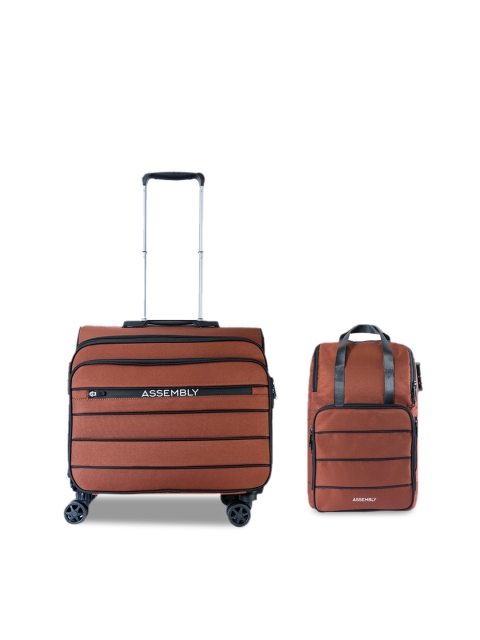 

THE ASSEMBLY Set Of 2 Rust Brown Striped Overnighter Trolley Luggage & Laptop Bag