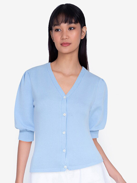 

ZALORA BASICS Blue Bell-Sleeved Knit Cardigan Top