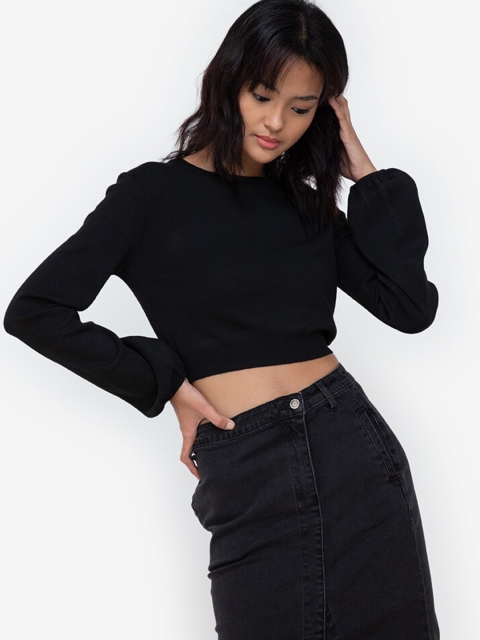 

ZALORA BASICS Black Solid Blouson Crop Top