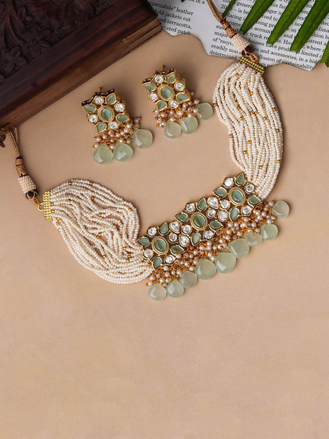 

Queen Be Women Sea Green & Gold-Plated Bridal Pearls Necklace Set