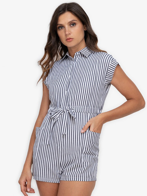 

ZALORA BASICS Grey & White Striped Drawstring Cuffed Sleeves Playsuit