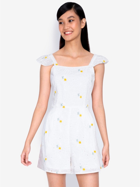 

ZALORA BASICS White & Yellow Printed Flutter Sleeves Pure Cotton Playsuit