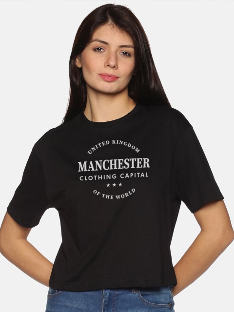 

BEVERLY BLUES Women Black Typography Printed Drop-Shoulder Sleeves Boxy T-shirt