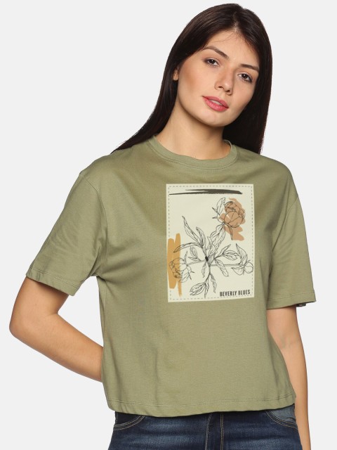 

BEVERLY BLUES Women Olive Green Typography Printed Drop-Shoulder Sleeves Boxy T-shirt