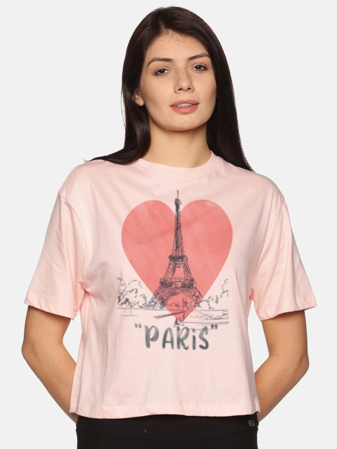

BEVERLY BLUES Women Pink Printed Drop-Shoulder Sleeves Boxy T-shirt