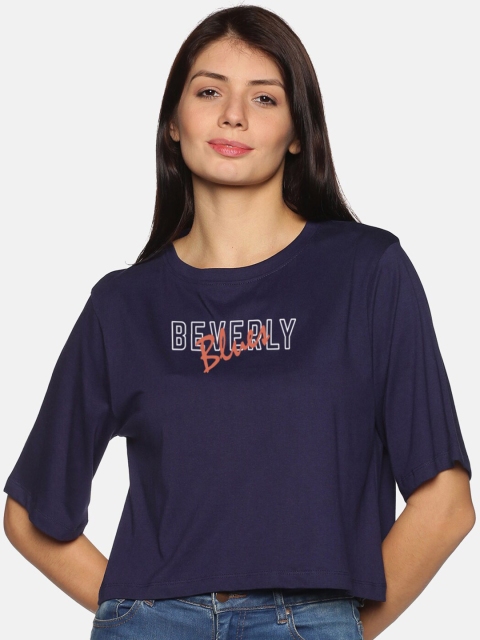 

BEVERLY BLUES Women Navy Blue Typography Printed Drop-Shoulder Sleeves Boxy T-shirt