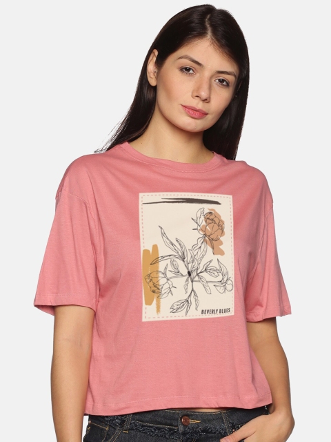 

BEVERLY BLUES Women Rose Floral Printed Drop-Shoulder Sleeves Boxy T-shirt