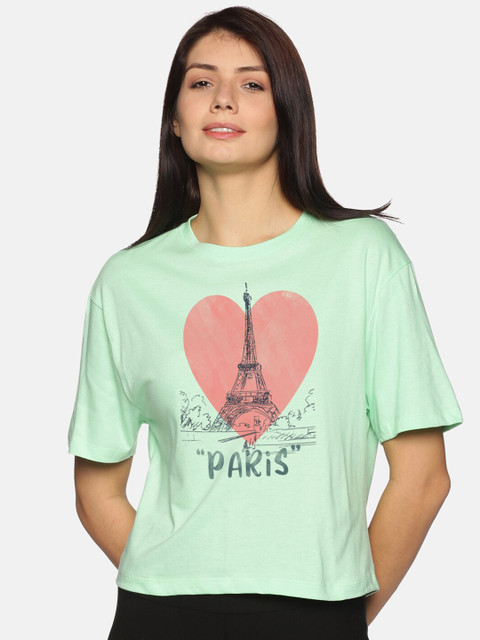 

BEVERLY BLUES Women Sea Green Printed Drop-Shoulder Sleeves Boxy T-shirt