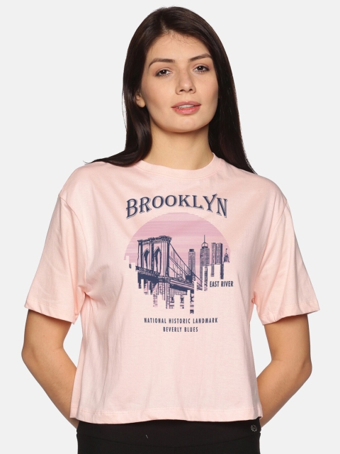 

BEVERLY BLUES Women Pink Printed Drop-Shoulder Sleeves Boxy T-shirt