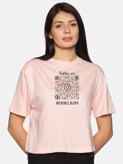 

BEVERLY BLUES Women Pink Printed Drop-Shoulder Sleeves Boxy T-shirt