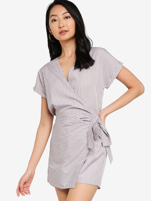 

ZALORA BASICS Women Grey & White Striped Wrap Playsuit