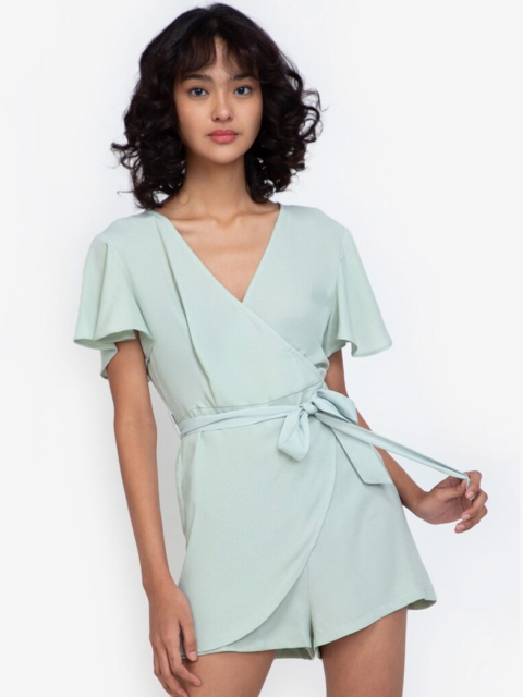 

ZALORA BASICS Green Flare Sleeve Wrap Jumpsuit